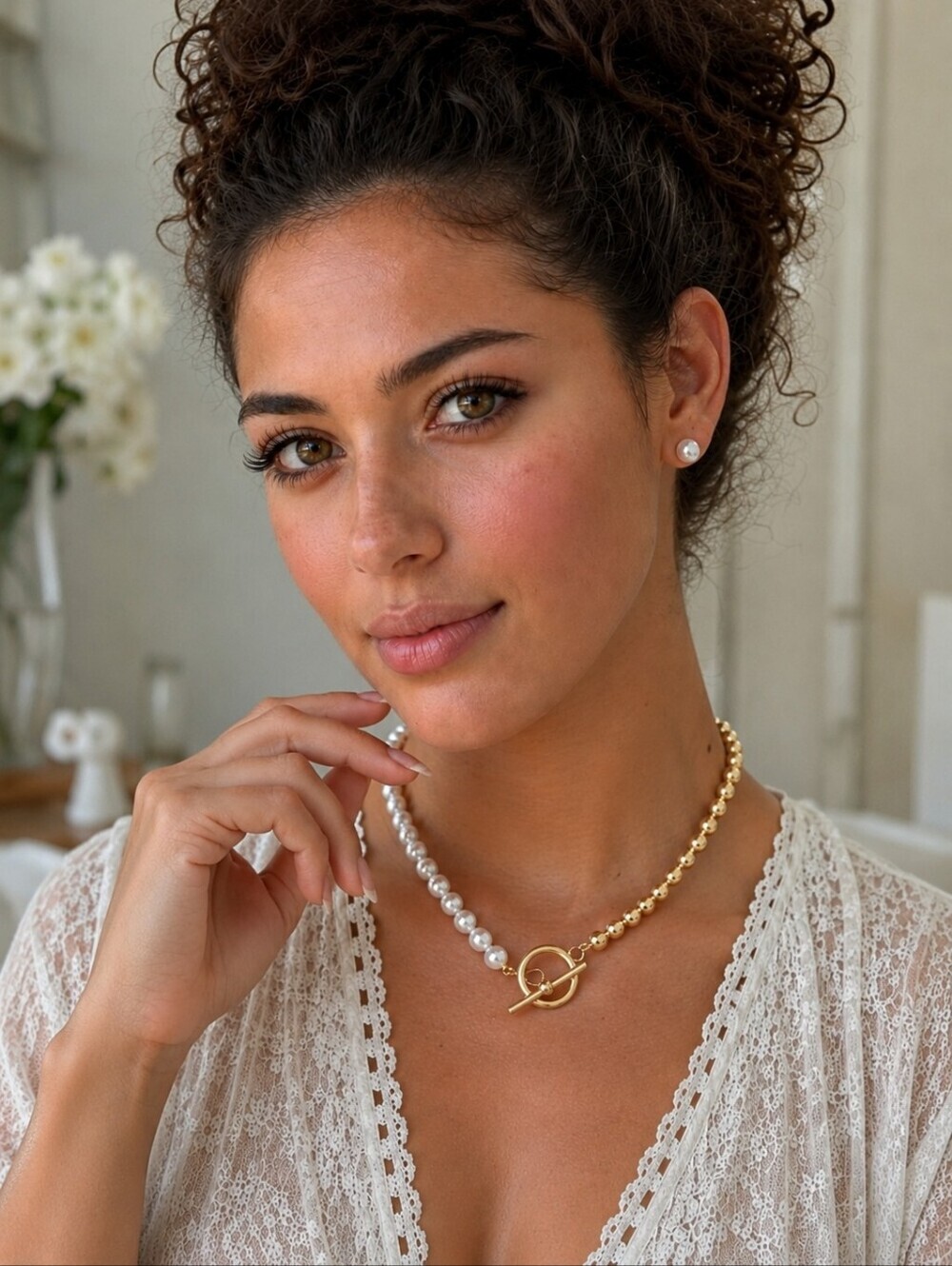 Half Pearl Half Gold Bead Choker Necklace Toggle Clasp Clean Girl Coquette 16"